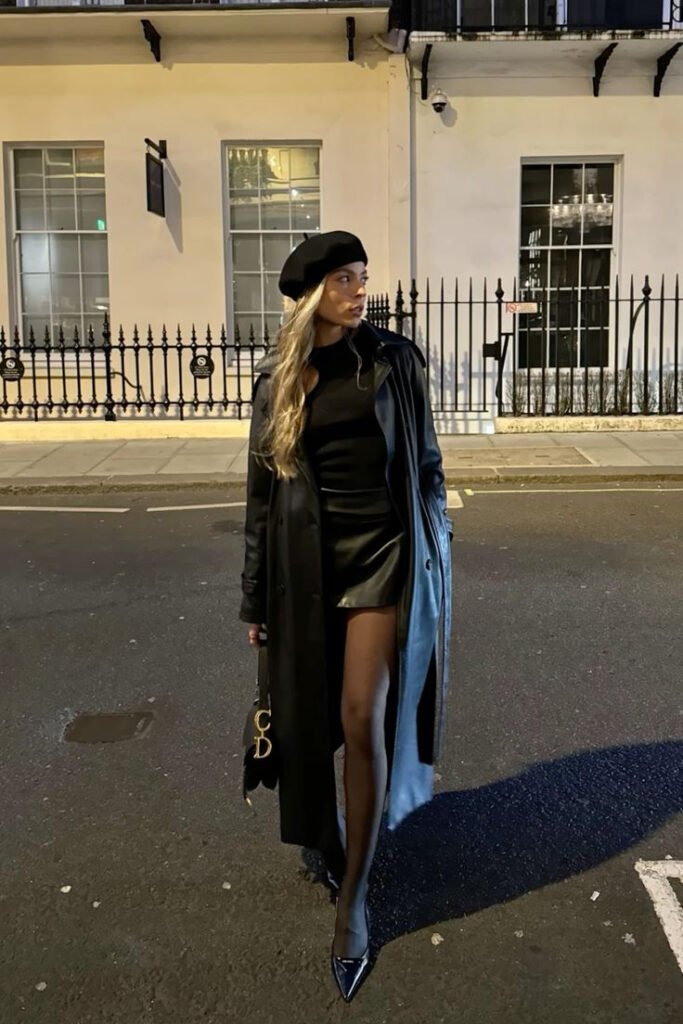 A black trench coat outfit.