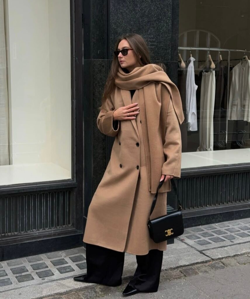A camel coat outfit.