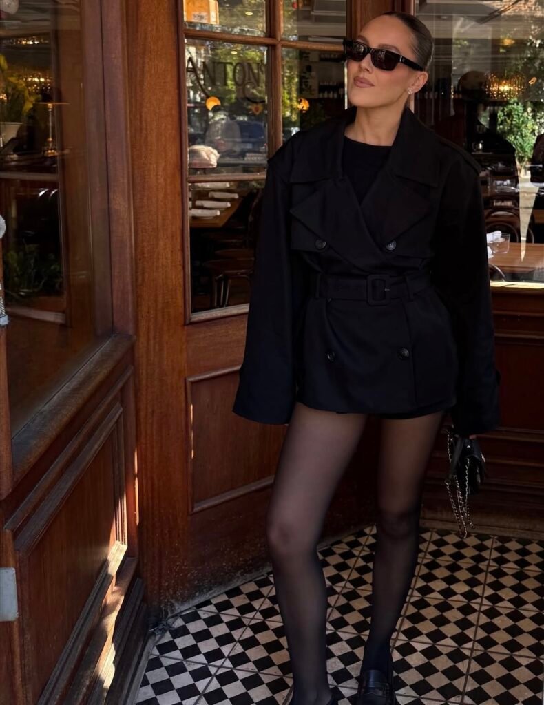 A black trench coat outfit.