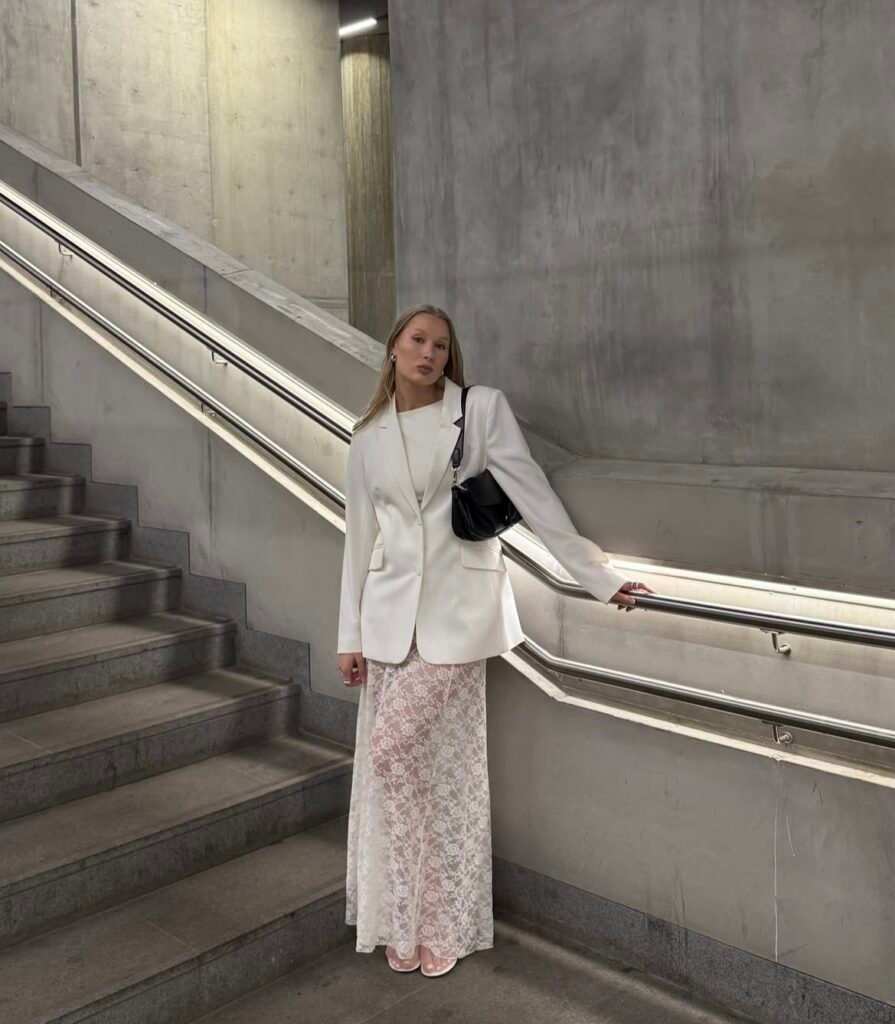 A white blazer outfit.