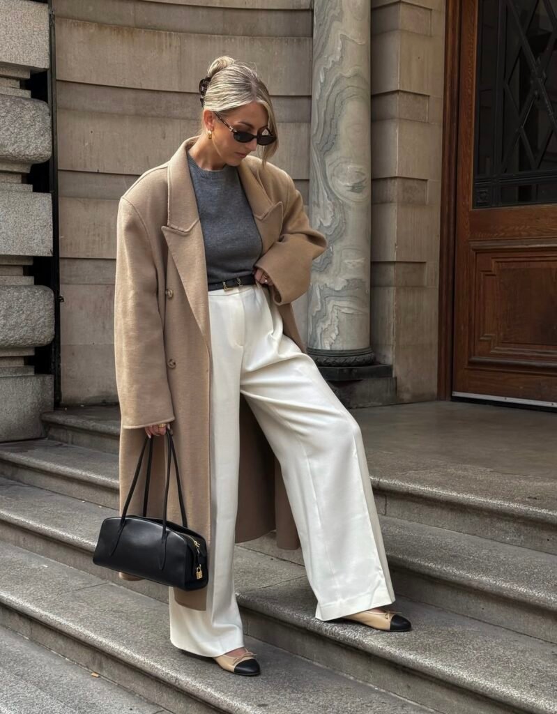 A camel coat outfit.