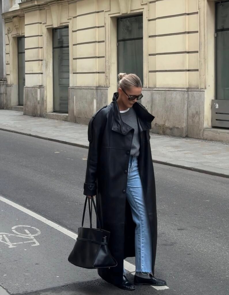 A black trench coat outfit.