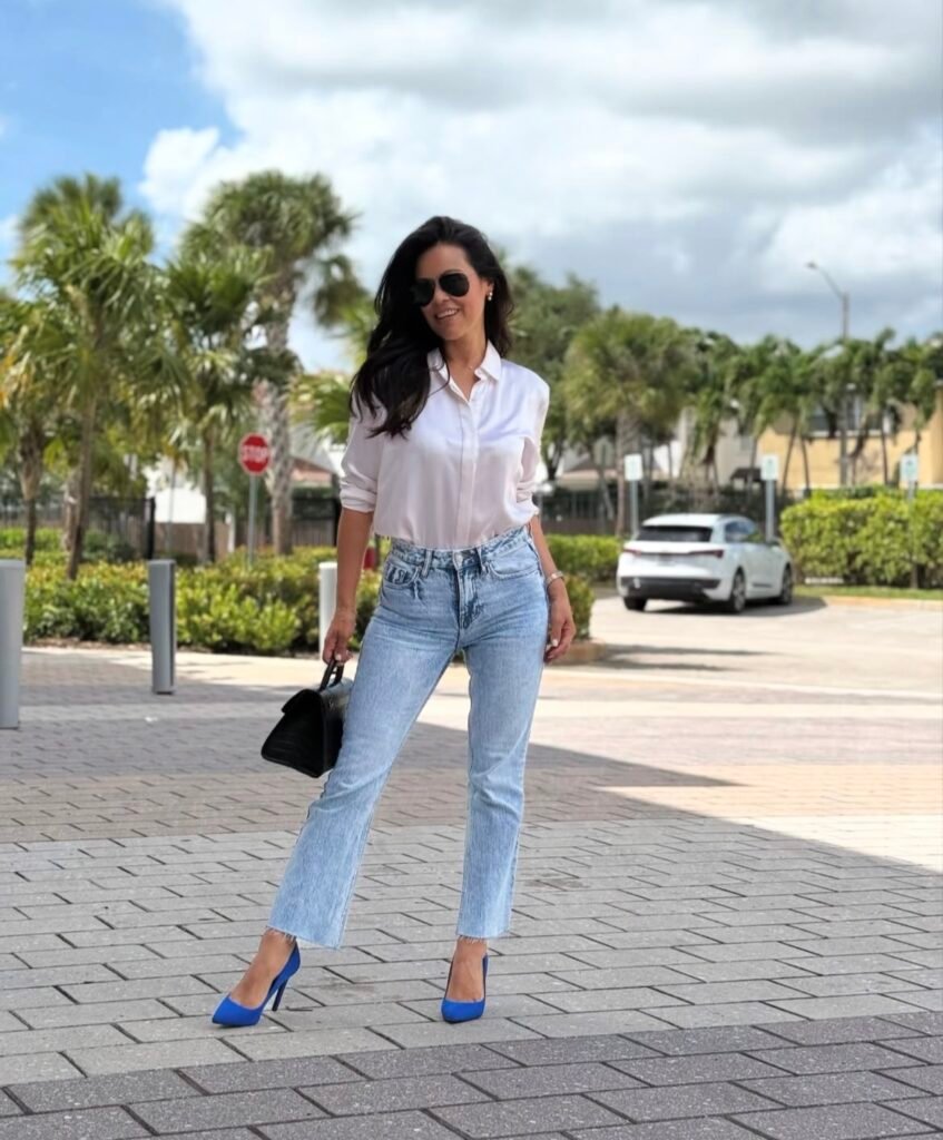 A jeans and heels outfit.
