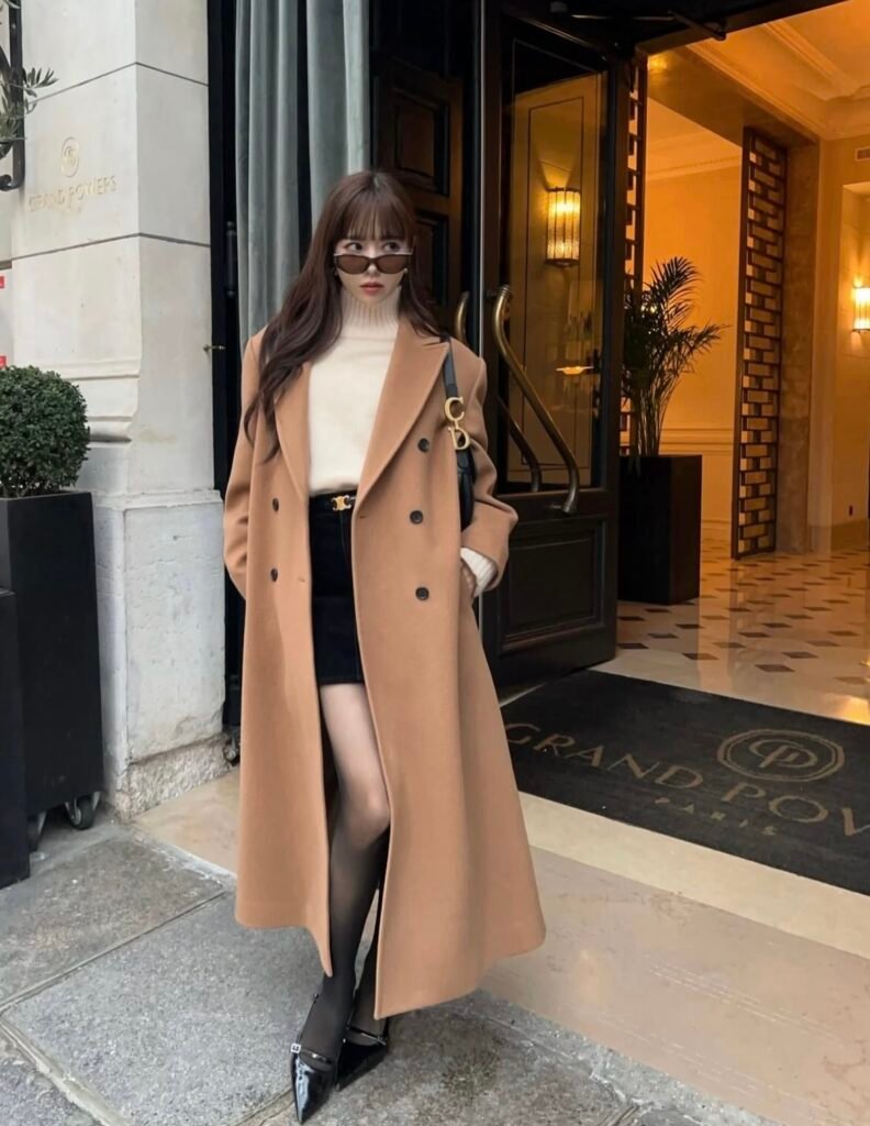 A camel coat outfit.