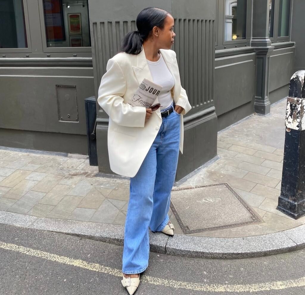 A white blazer outfit.