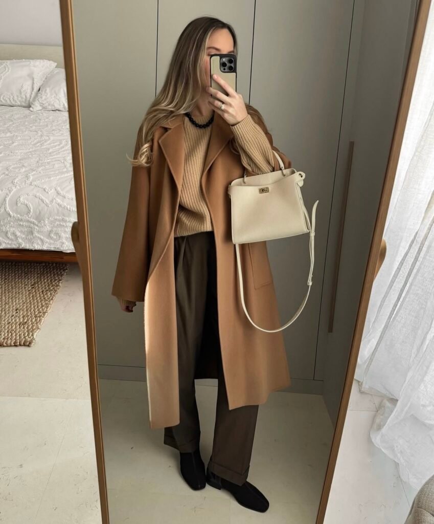 A camel coat outfit.