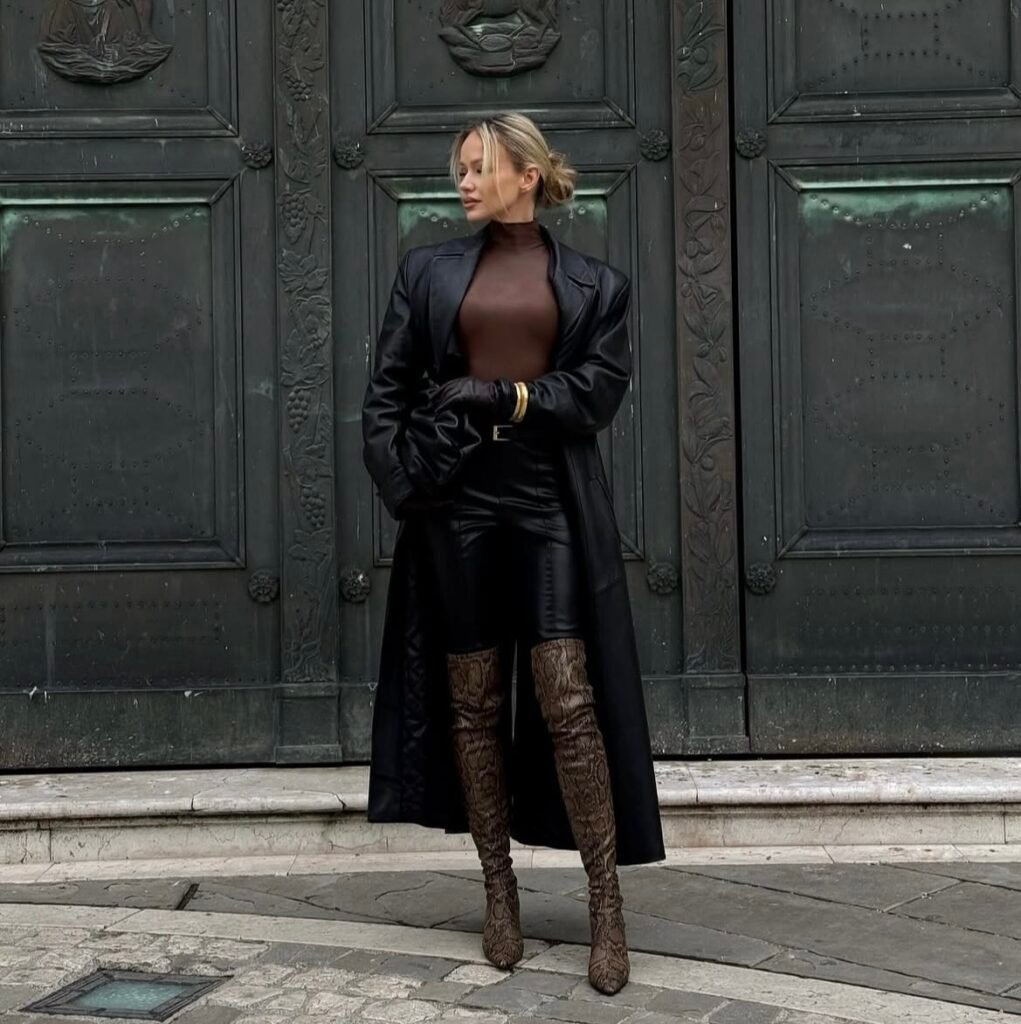 A black trench coat outfit.