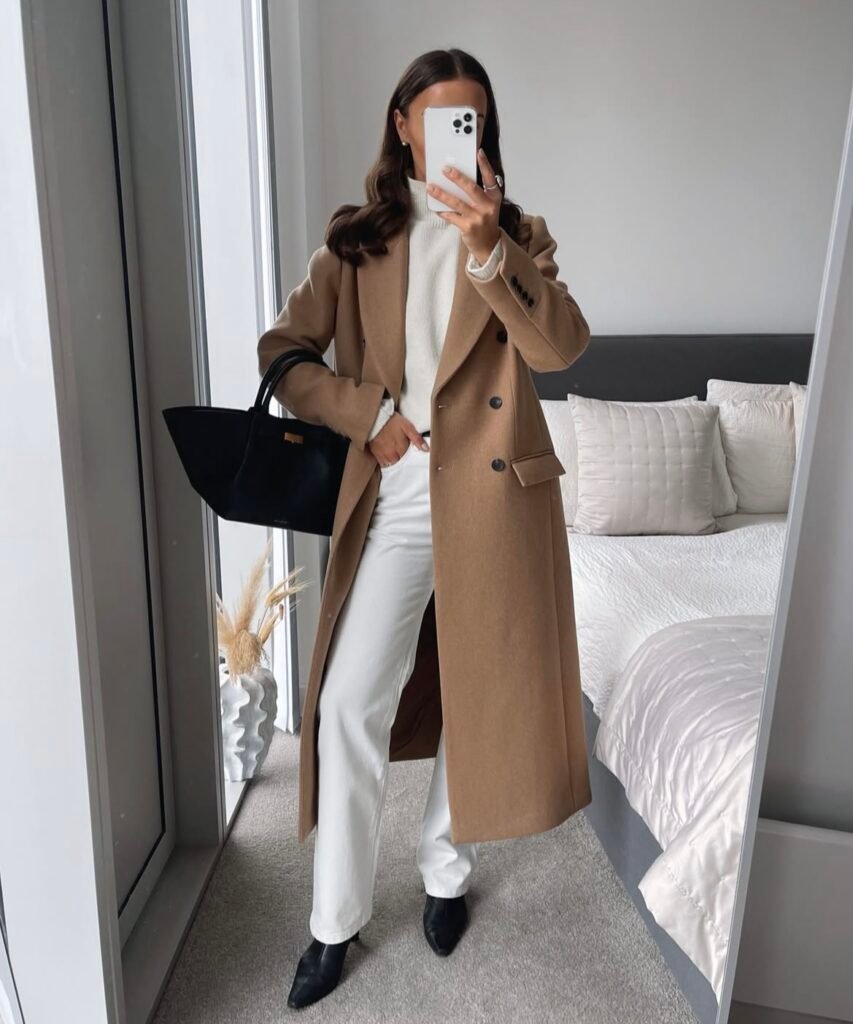 A camel coat outfit.