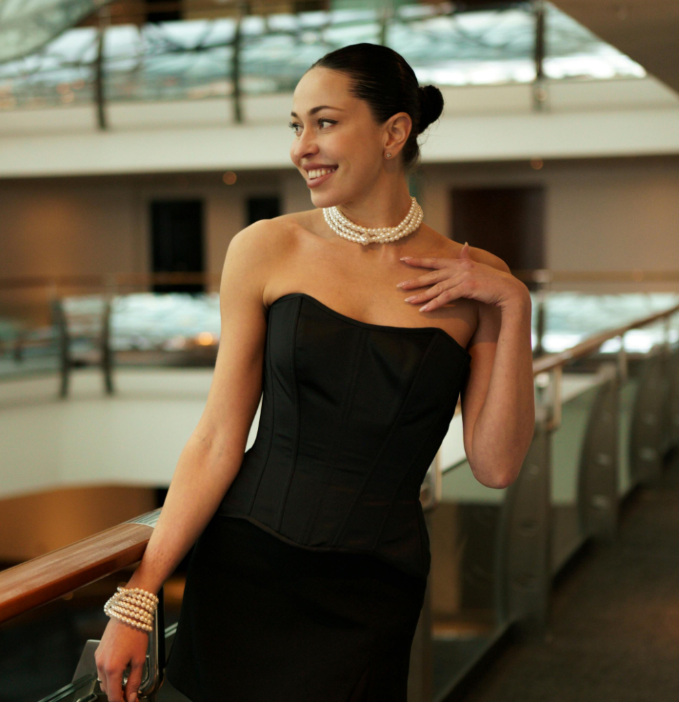 A black corset outfit.