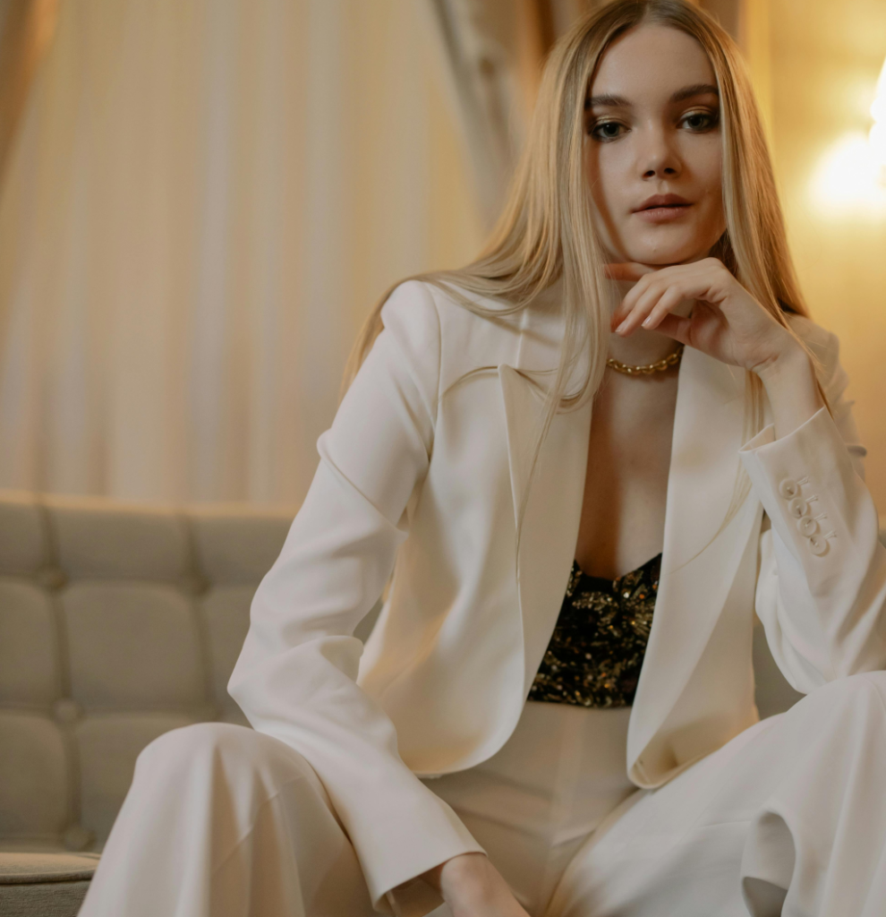 A white blazer outfit.