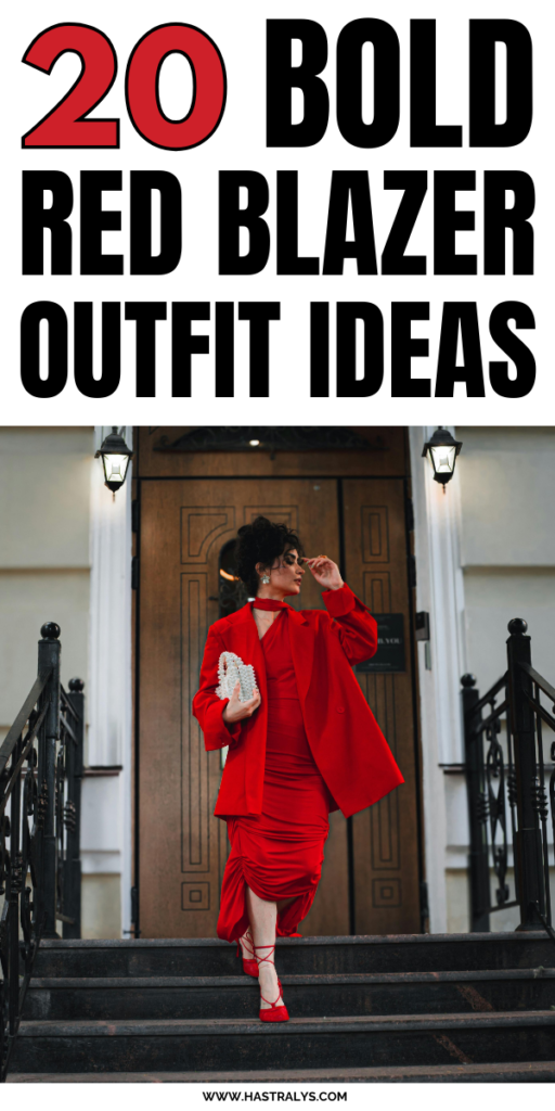 Pinterest pin for 20 Bold Red Blazer Outfit Ideas To Stand Out.