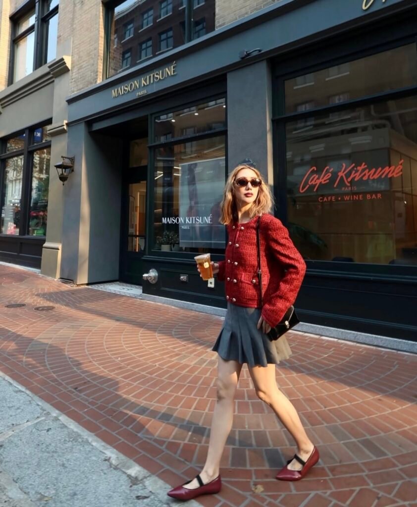 A red blazer outfit.