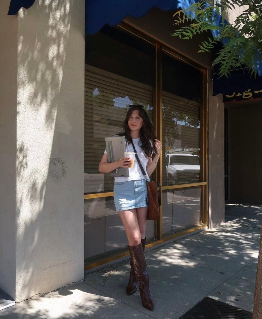 A denim skirt outfit.