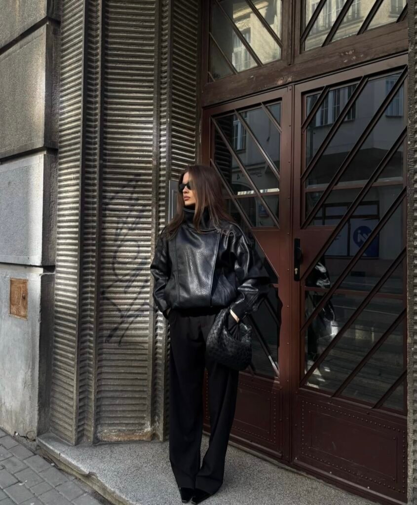 An outfit with a black faux leather jacket.