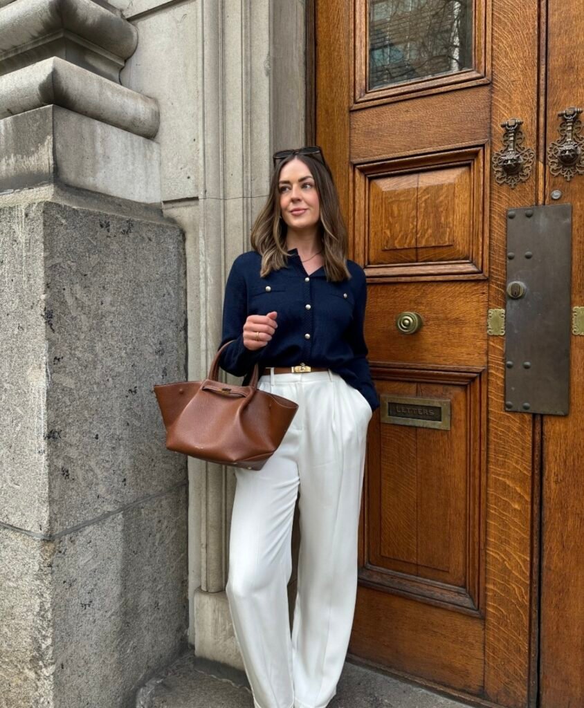 An outfit with wide leg pants.