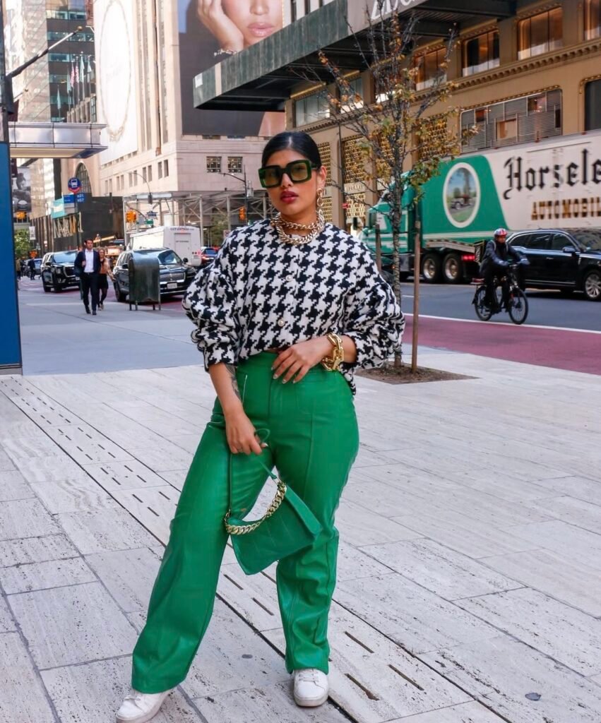An outfit with green pants.