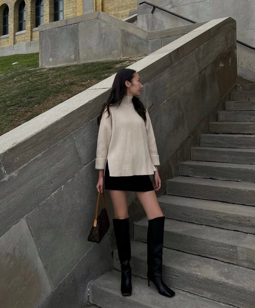 An outfit with knee-high boots.