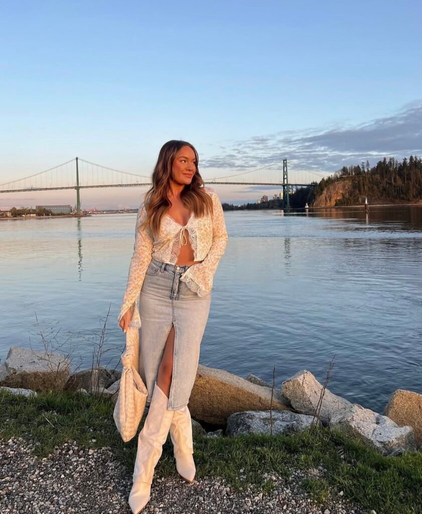 A denim skirt outfit.