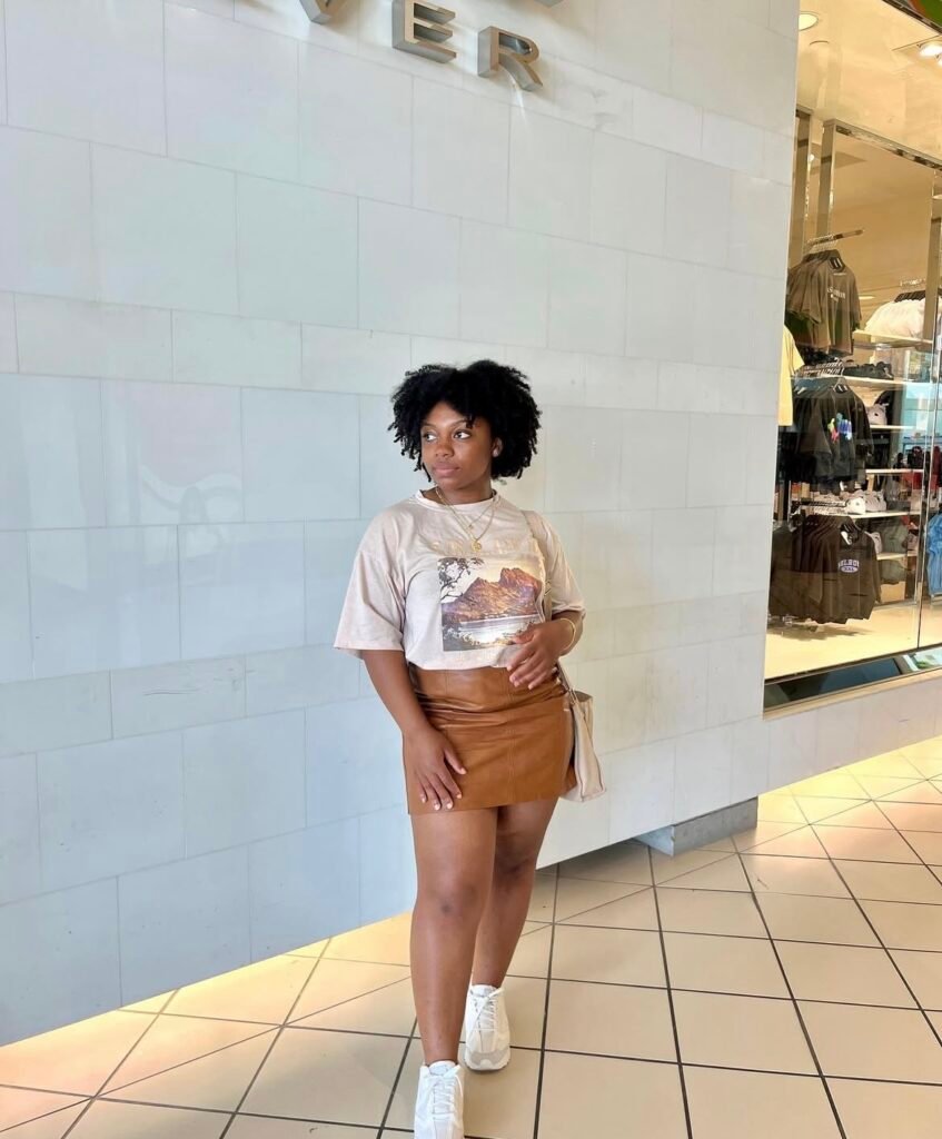 A leather skirt outfit.