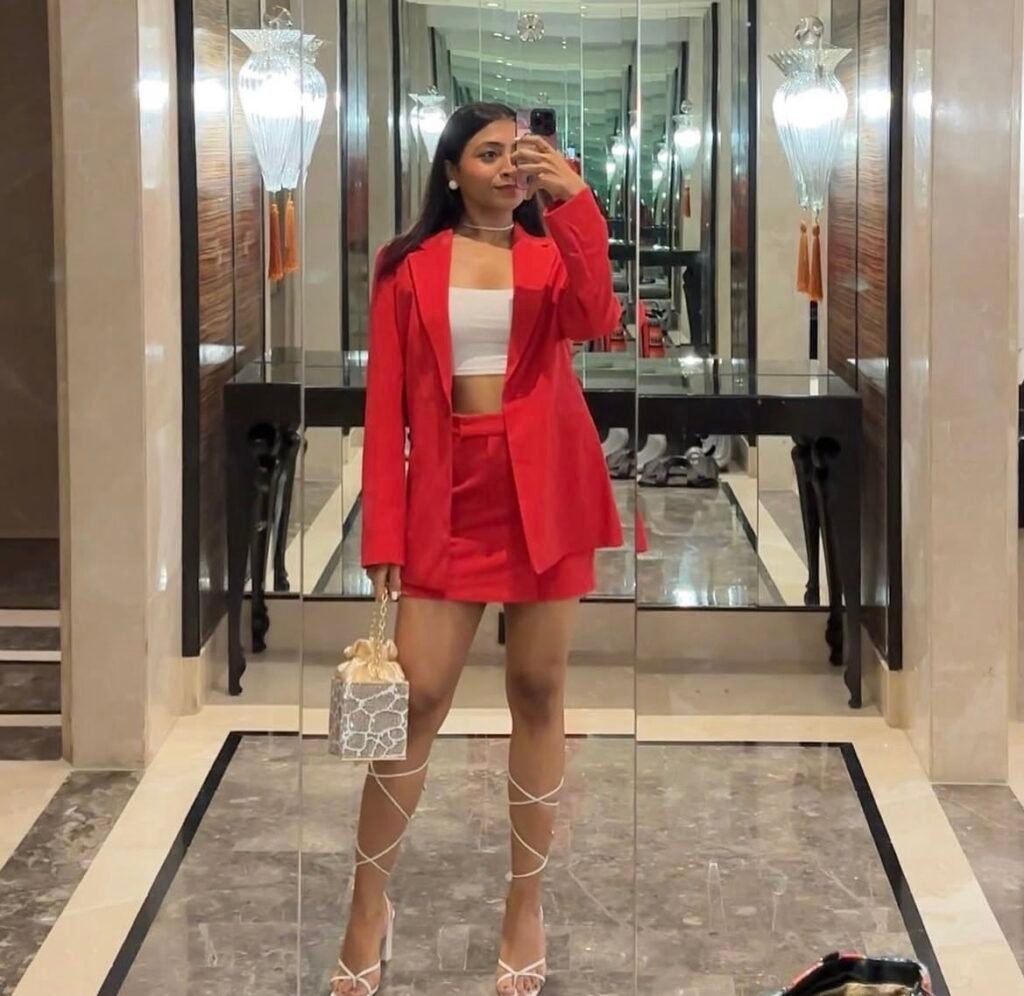 A red blazer outfit.