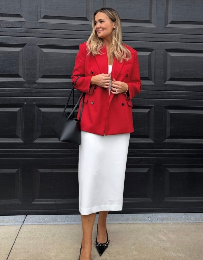 A red blazer outfit.