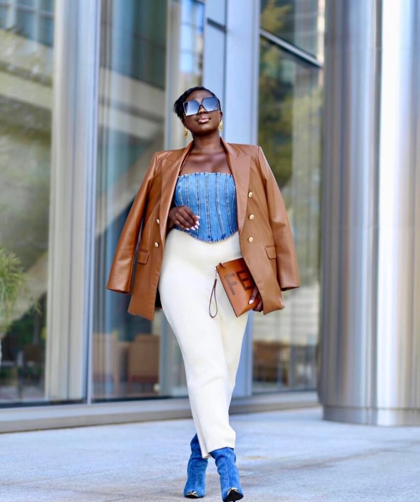 A denim corset outfit.