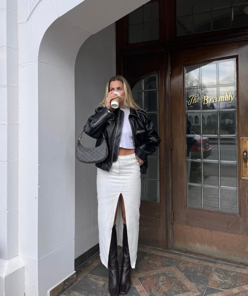 A denim skirt outfit.