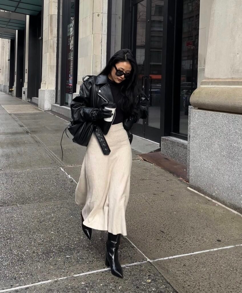 An outfit with a black faux leather jacket.