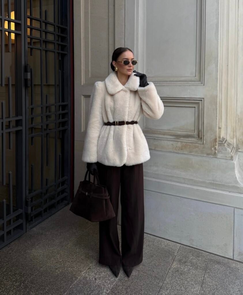 An outfit with wide leg pants.