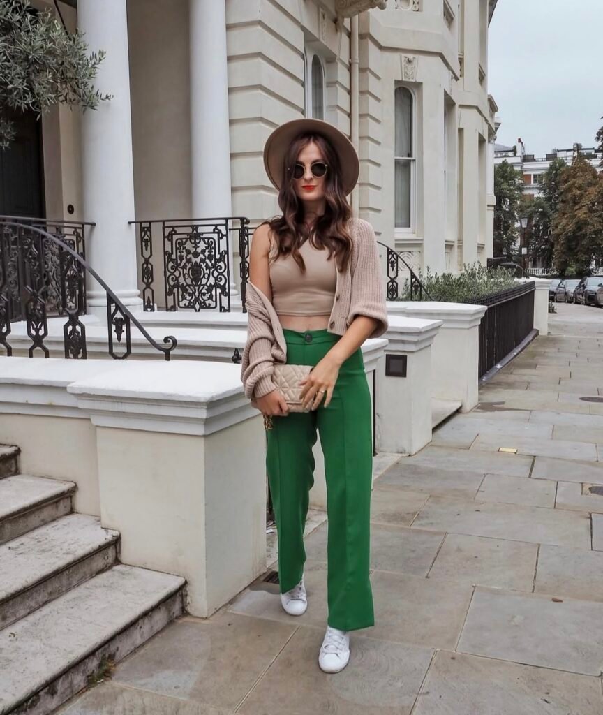 An outfit with green pants.