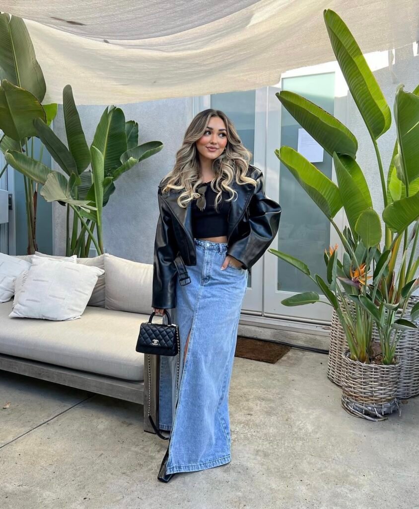 A denim skirt outfit.