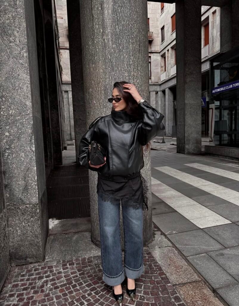 An outfit with a black faux leather jacket.