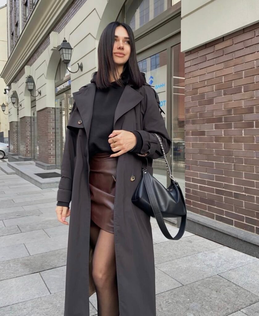 A leather skirt outfit.