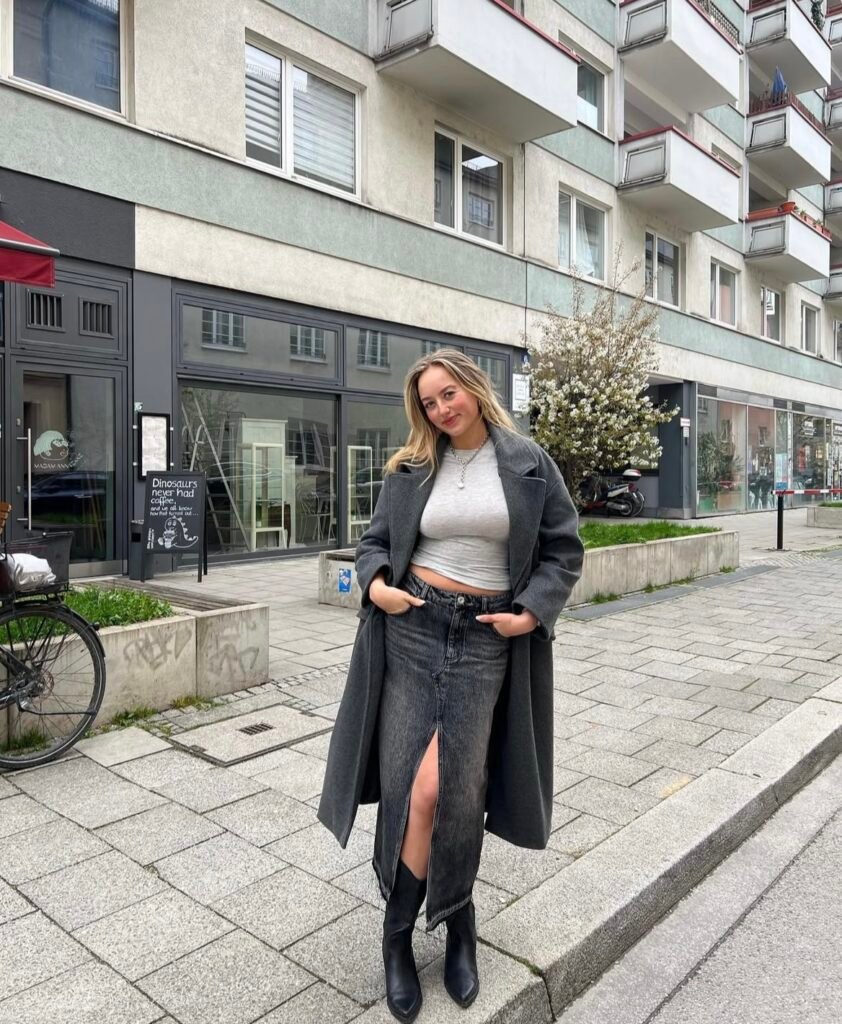 A denim skirt outfit.