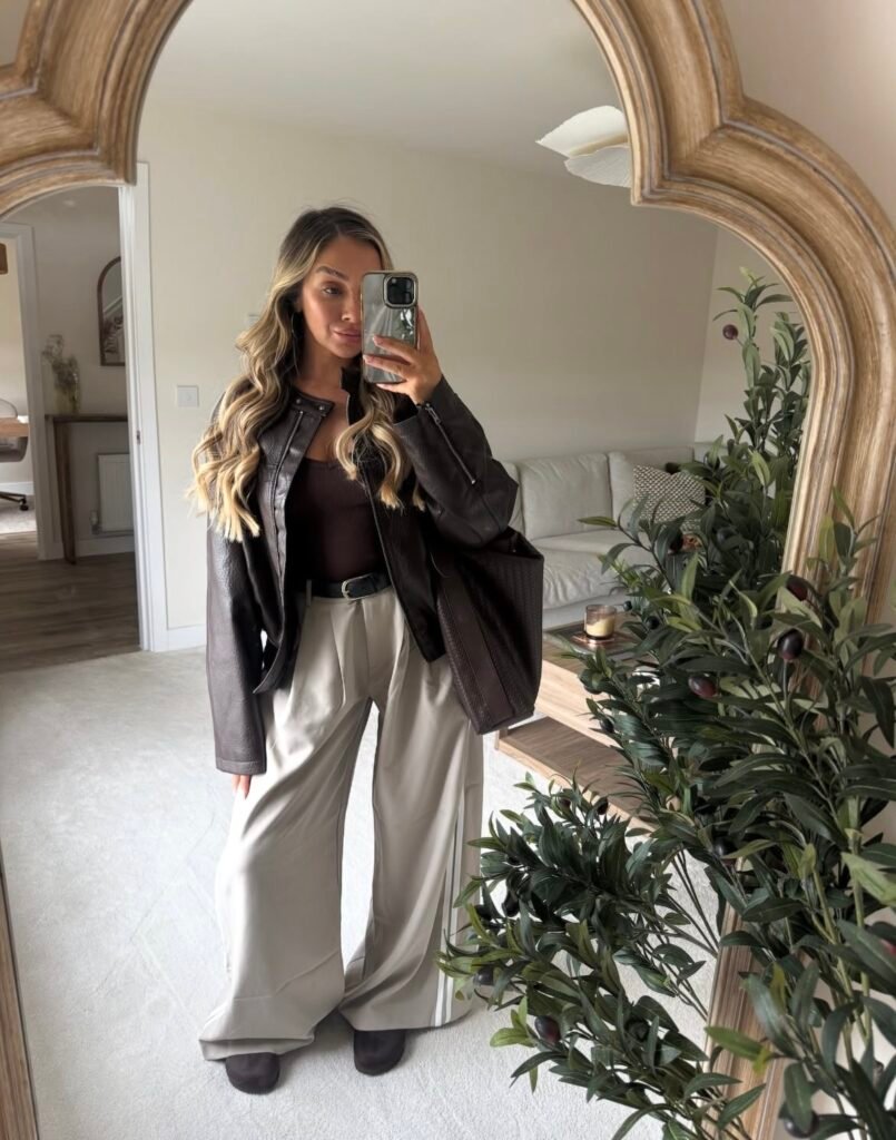 An outfit with a black faux leather jacket.