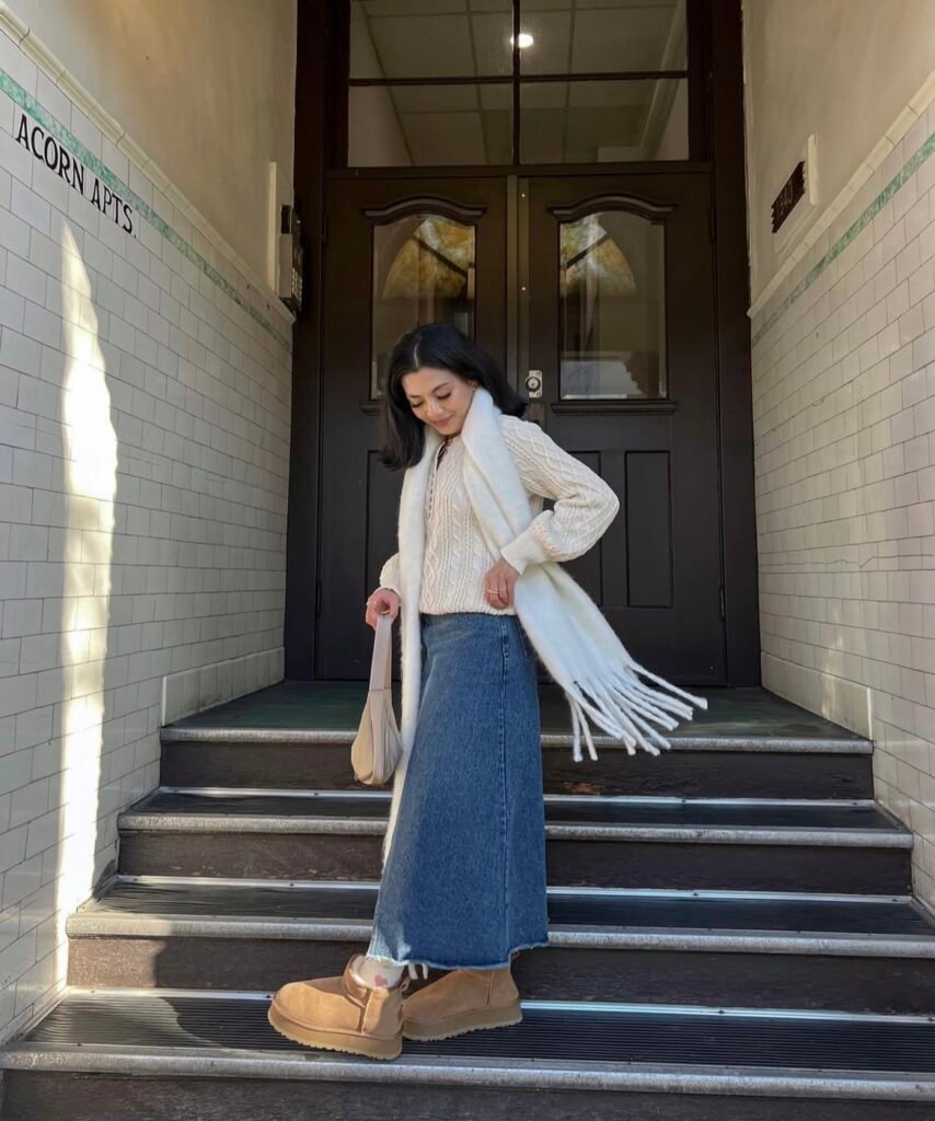A denim skirt outfit.