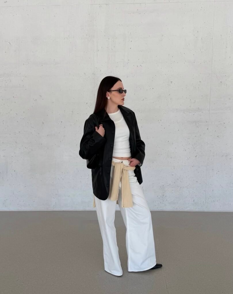 An outfit with a black faux leather jacket.