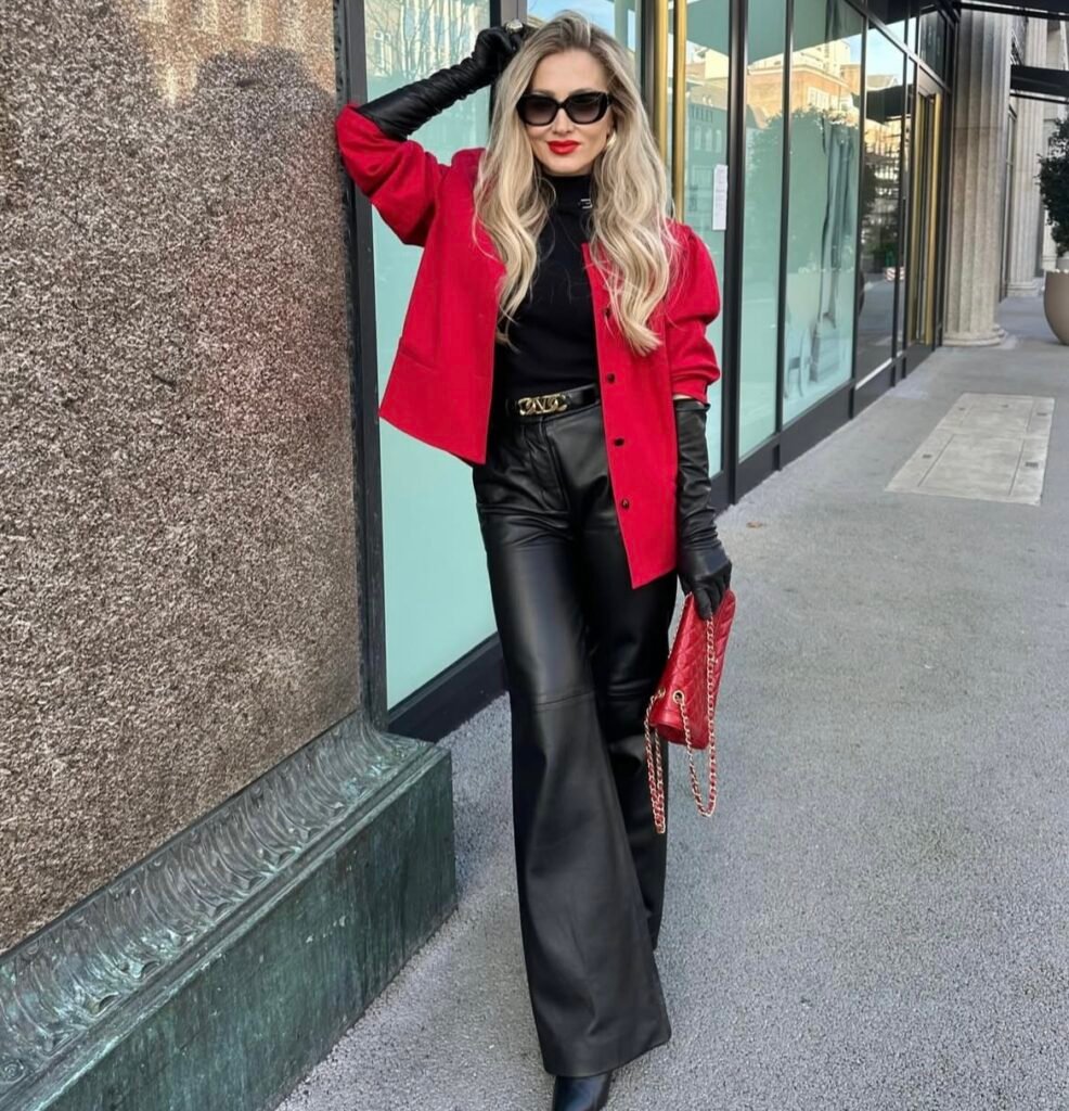 A red blazer outfit.