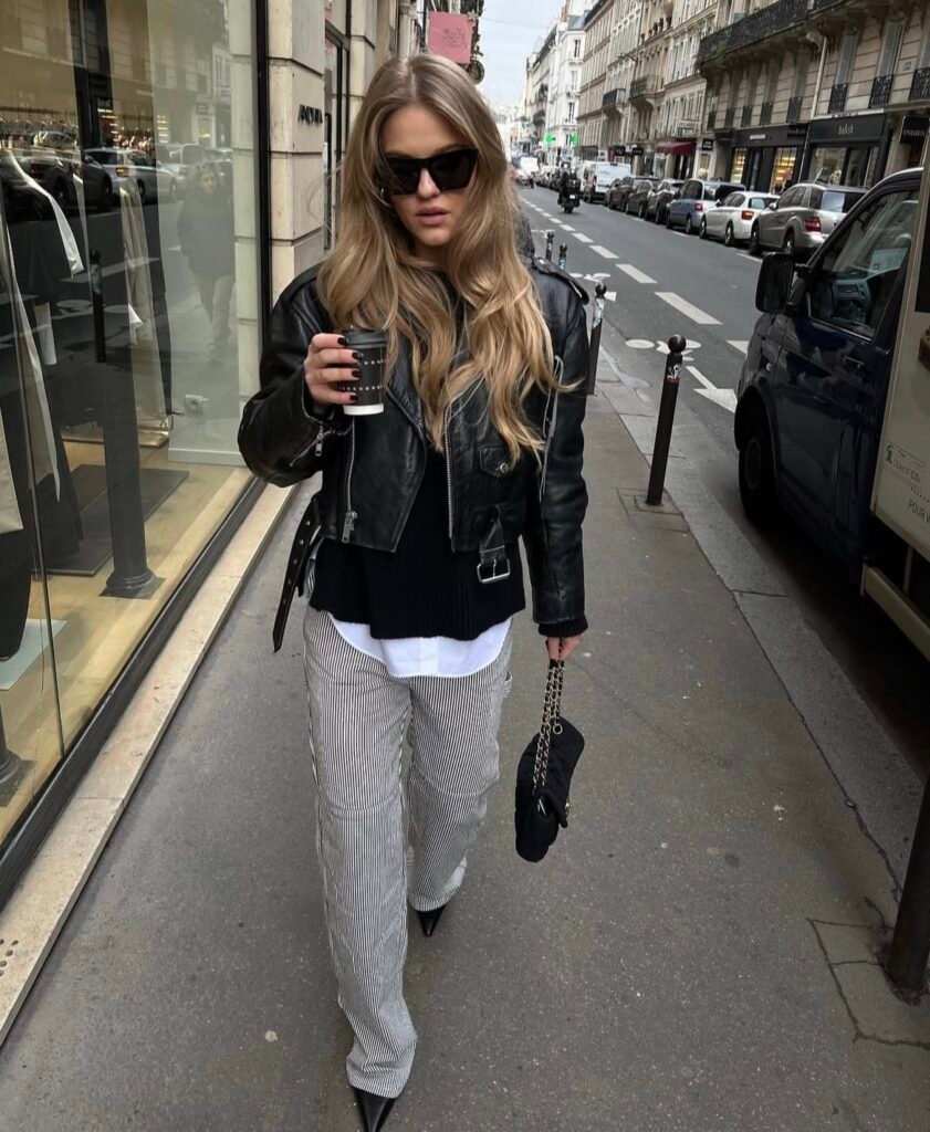 An outfit with a black faux leather jacket.