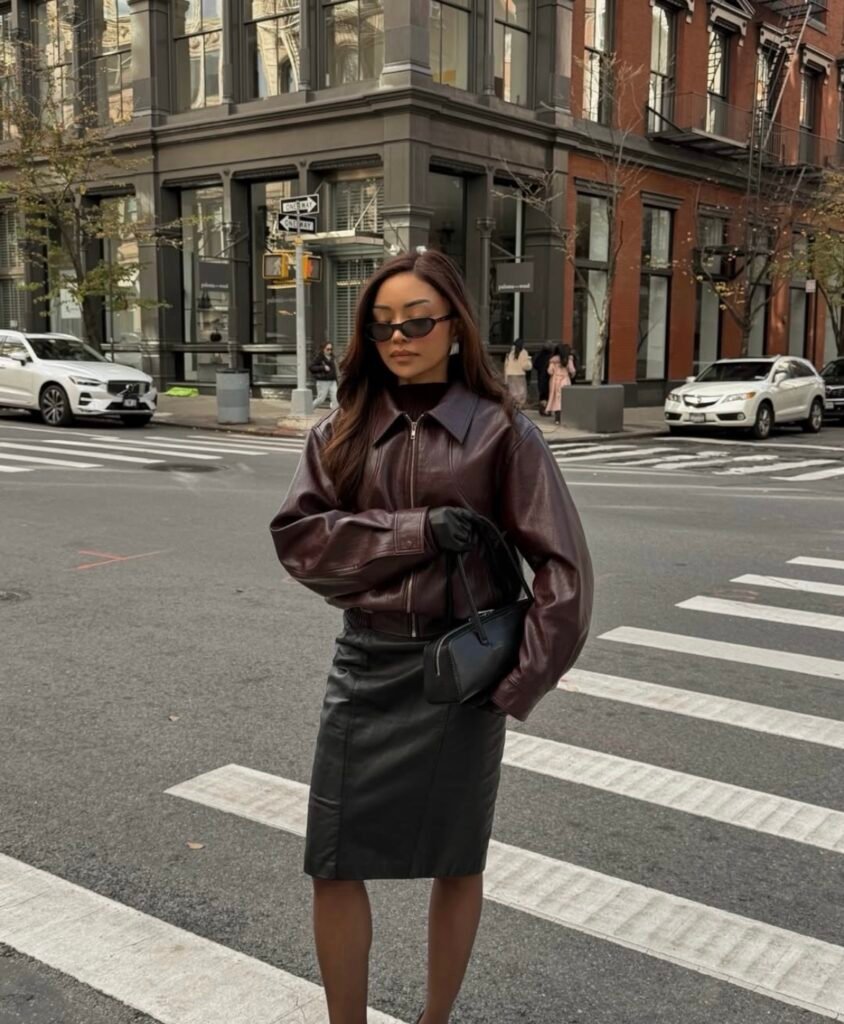 A leather skirt outfit.