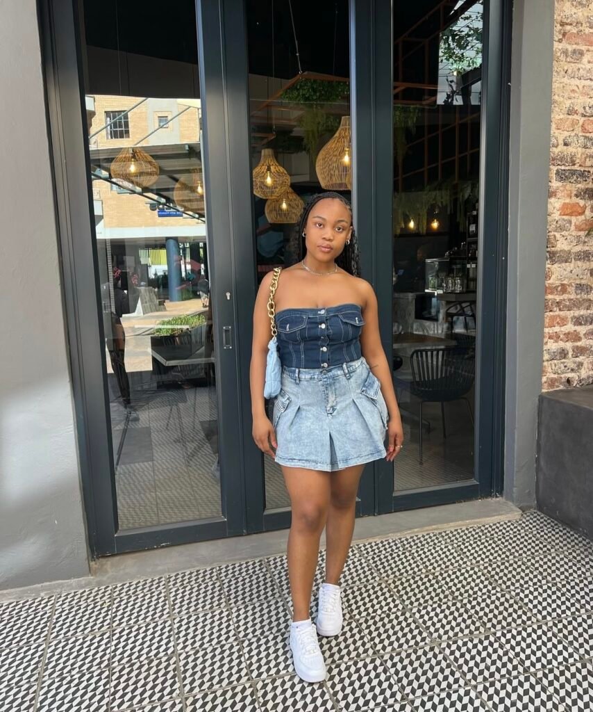 A denim corset outfit.