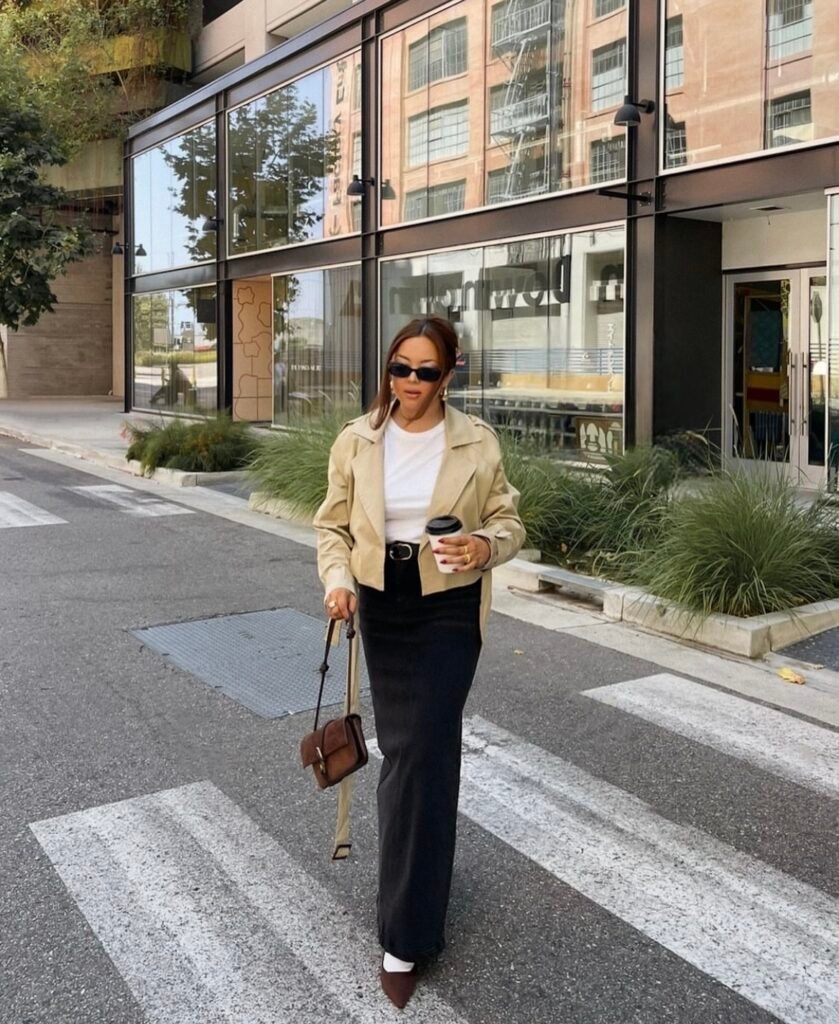 A denim skirt outfit.