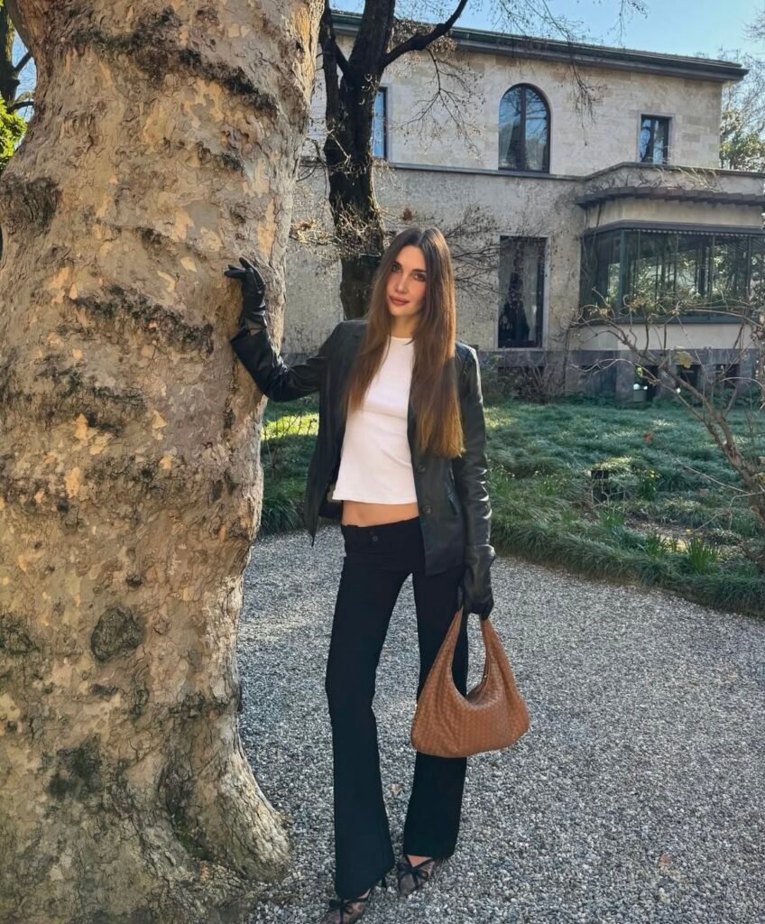 An outfit with a black faux leather jacket.