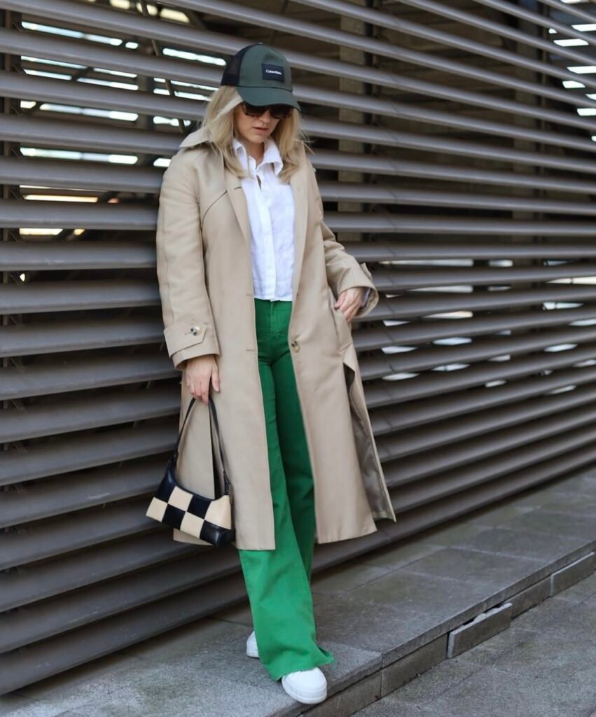 An outfit with green pants.