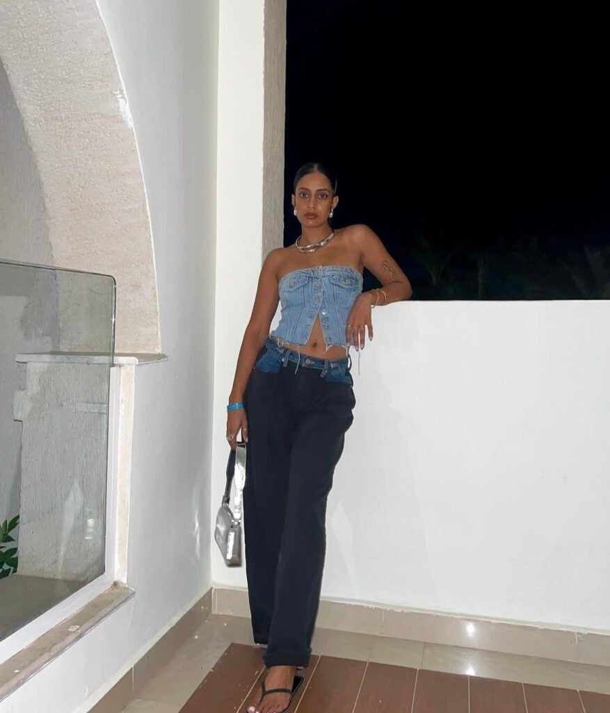 A denim corset outfit.