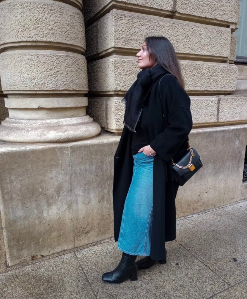 A denim skirt outfit.