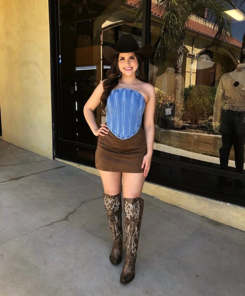 A denim corset outfit.