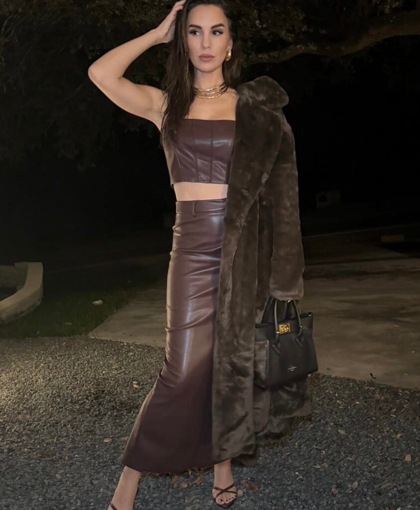 A leather skirt outfit.