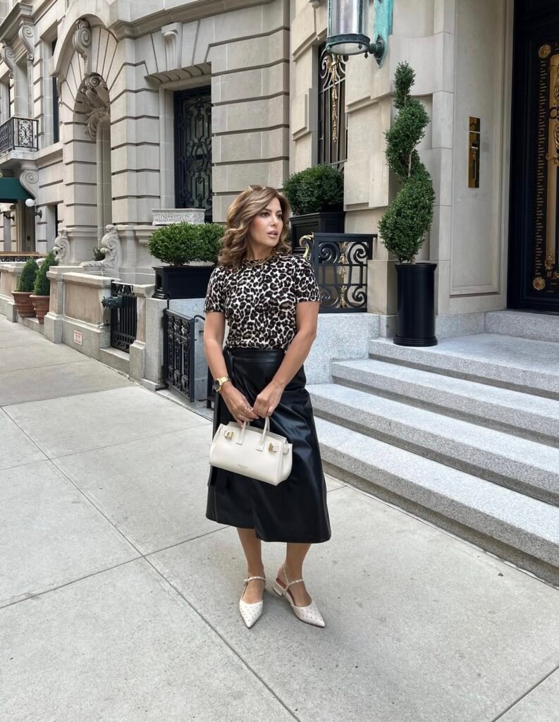 A leather skirt outfit.