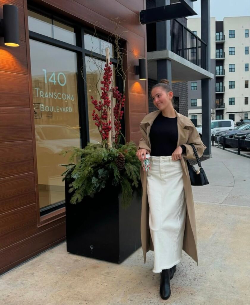 A denim skirt outfit.